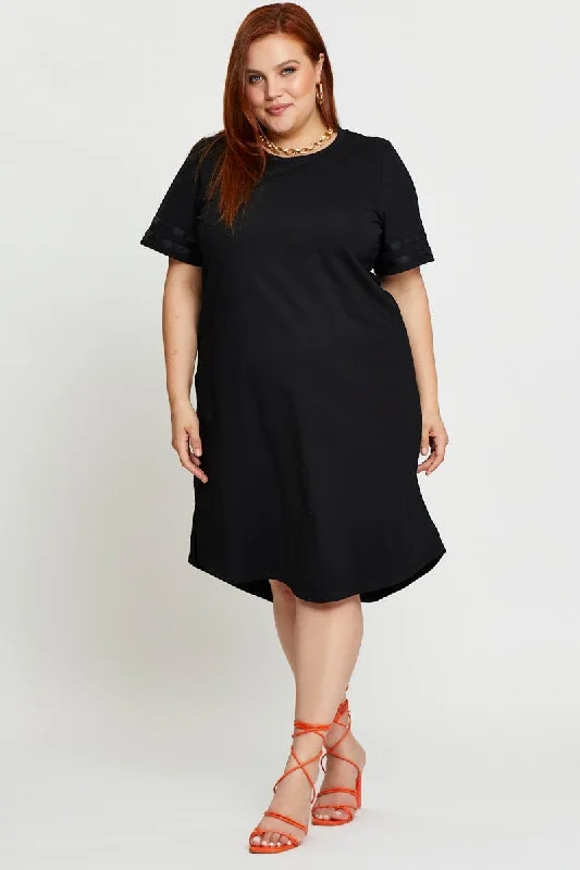 Black Smock Dress Round Neck Short Sleeve Jersey