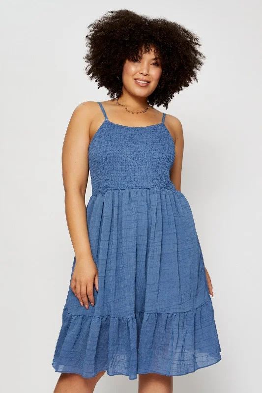 Blue Skater Dress Square Neck Sleeveless Tie