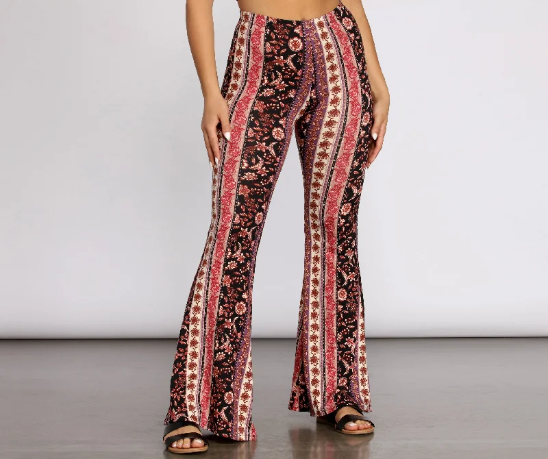 Boho Flair Floral Stripe Flare Pants