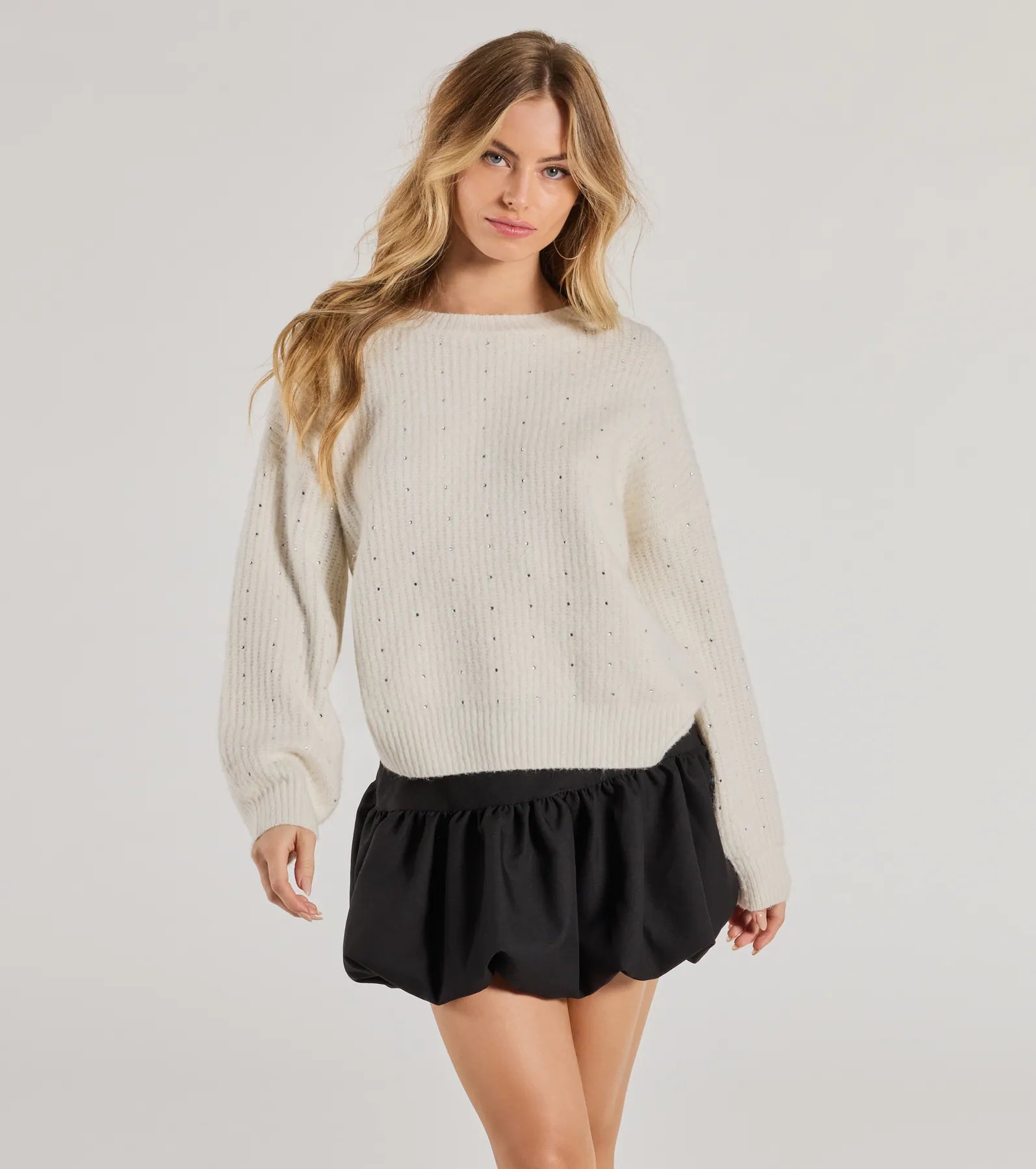 Cozy Sparkle Rhinestone Ribbed Knit Sweater