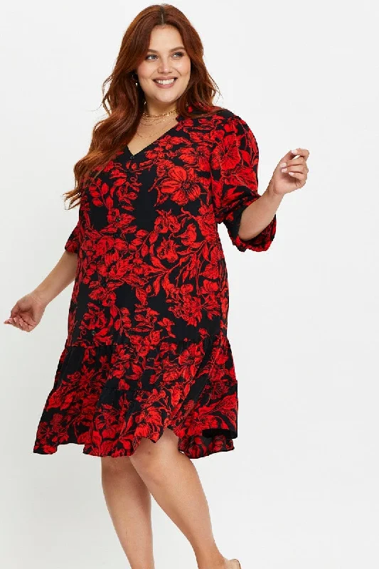 Floral Print Skater Dress V-neck Three-Quarter Sleeve