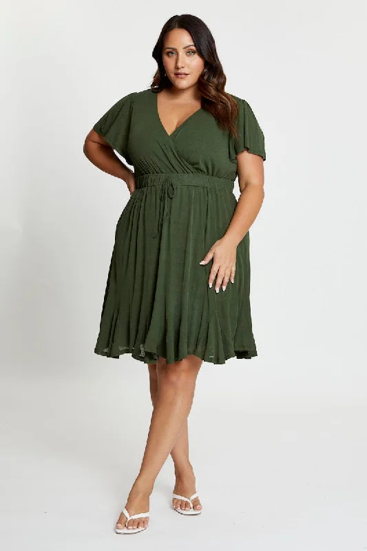 Green Skater Dress V-neck Short Sleeve Waist Tie