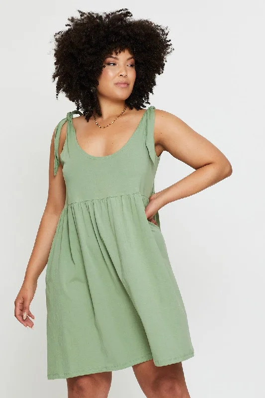 Green Smock Dress Scoop Neck Sleeveless Tie