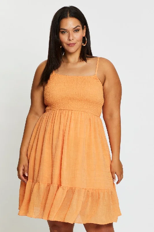 Orange Skater Dress Square Neck Sleeveless Tie