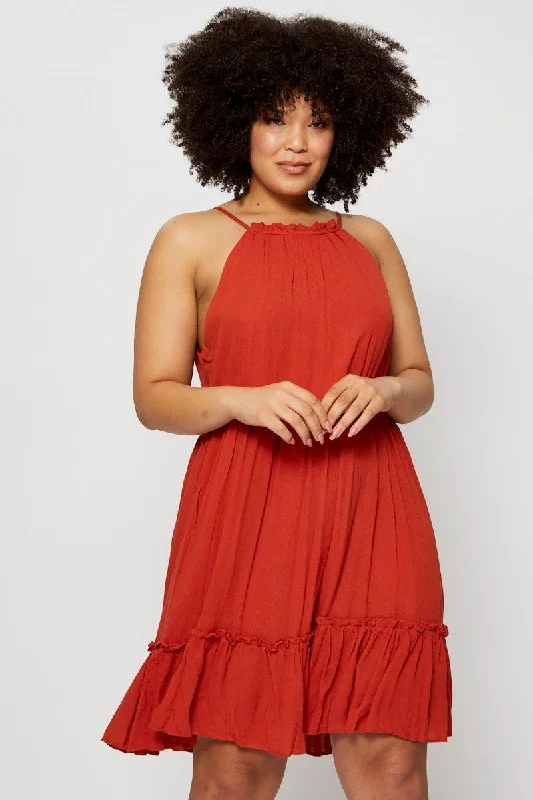 Orange Smock Dress Halter Sleeveless Ruffle