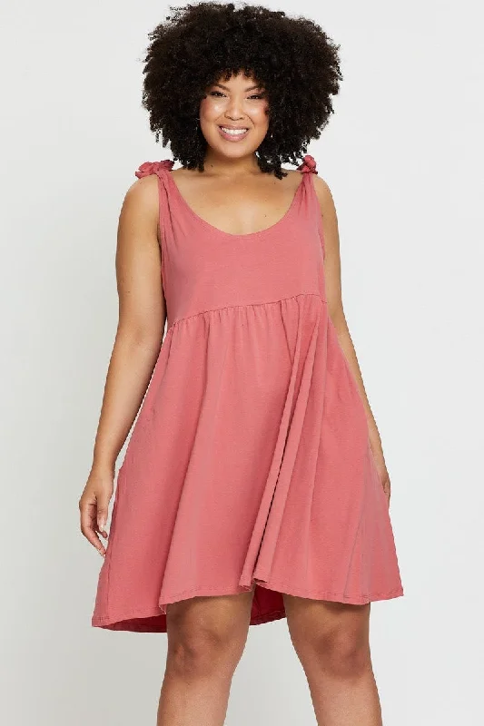 Pink Smock Dress Scoop Neck Sleeveless Tie