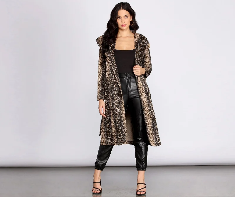 Snake Print Drape Front Long Coat