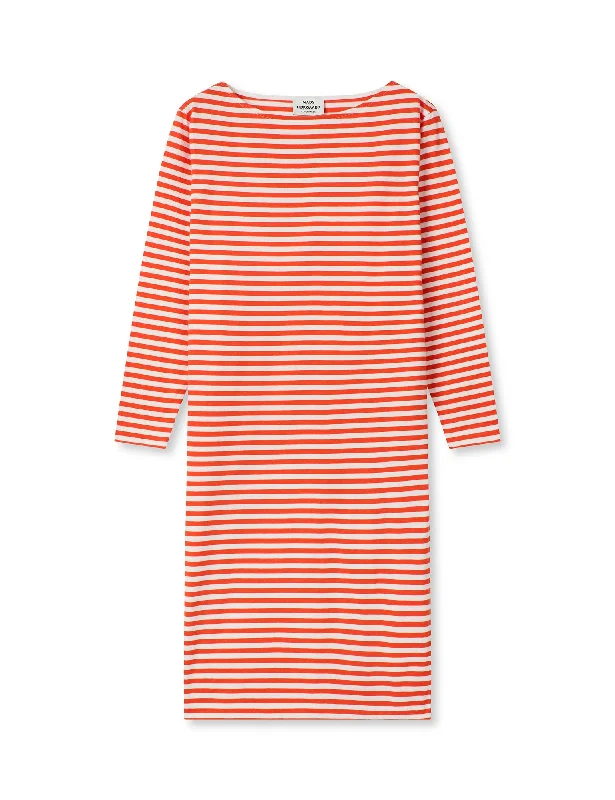 Soft Single Stripe Sille Dress, Cherry Tomato/Snow White