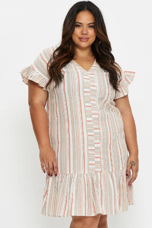 Stripe Smock Dress V-neck Short Sleeve