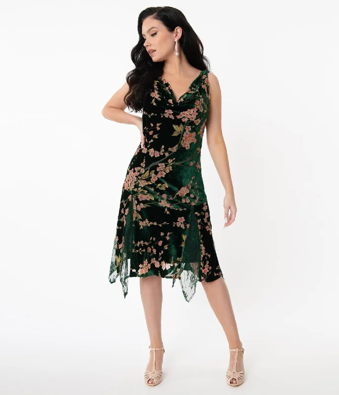 Unique Vintage 1920s Emerald Velvet Floral Burnout Hemingway Flapper Dress