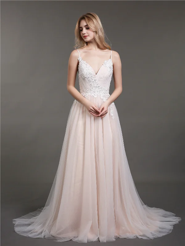 Spaghetti Strap V-neck Wedding Dress with Train-Champagne