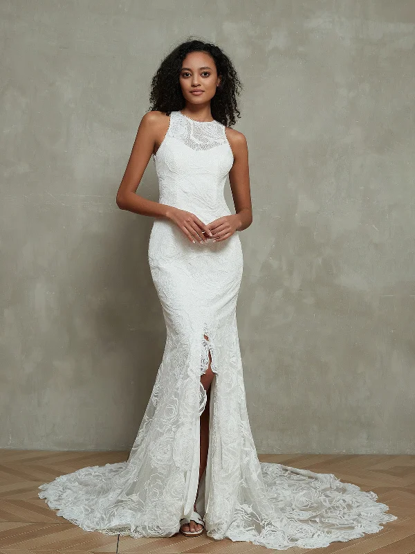 Illusion Neck Mermaid Lace Wedding Dresses with Slit-Ivory