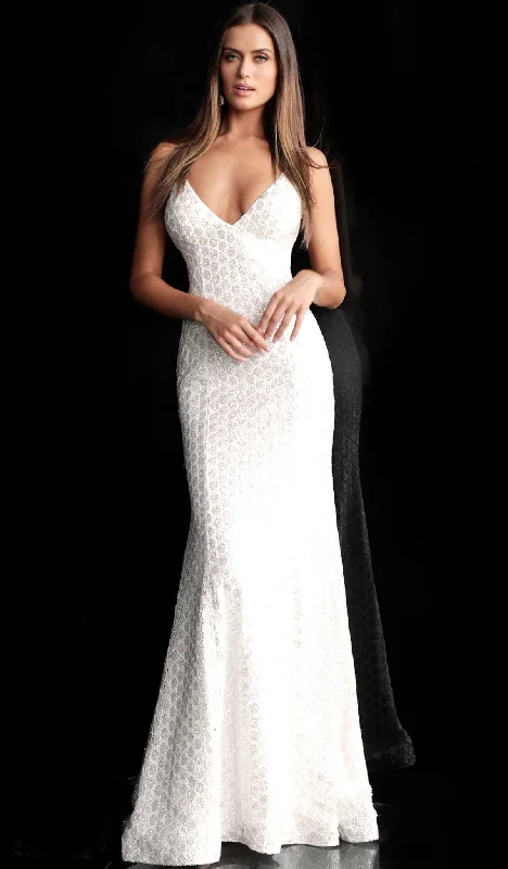 Jovani - 63456SC Sleeveless Deep V Neck Backless Embellished Lace Gown