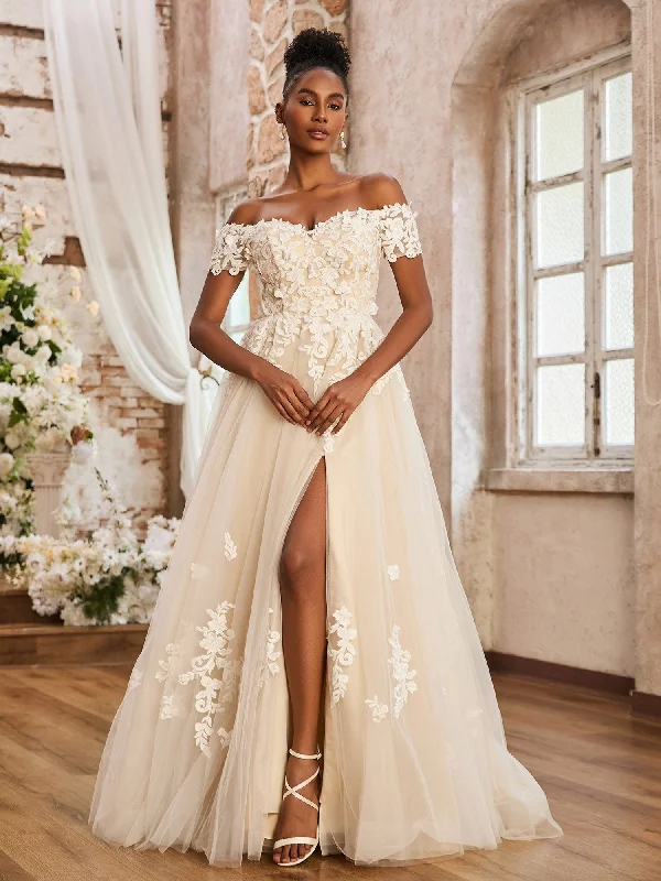 Off-the-shoulder A-line Wedding Dress With Slit Ivory/Champagne