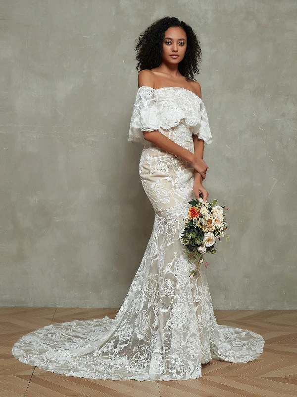 Off the Shoulder Mermaid Lace Wedding Dresses-As Picture